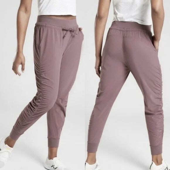 Athleta Attitude Volcanic Violet Mauve Ruched Jogger Pants Size 16 Tall - Picture 1 of 7